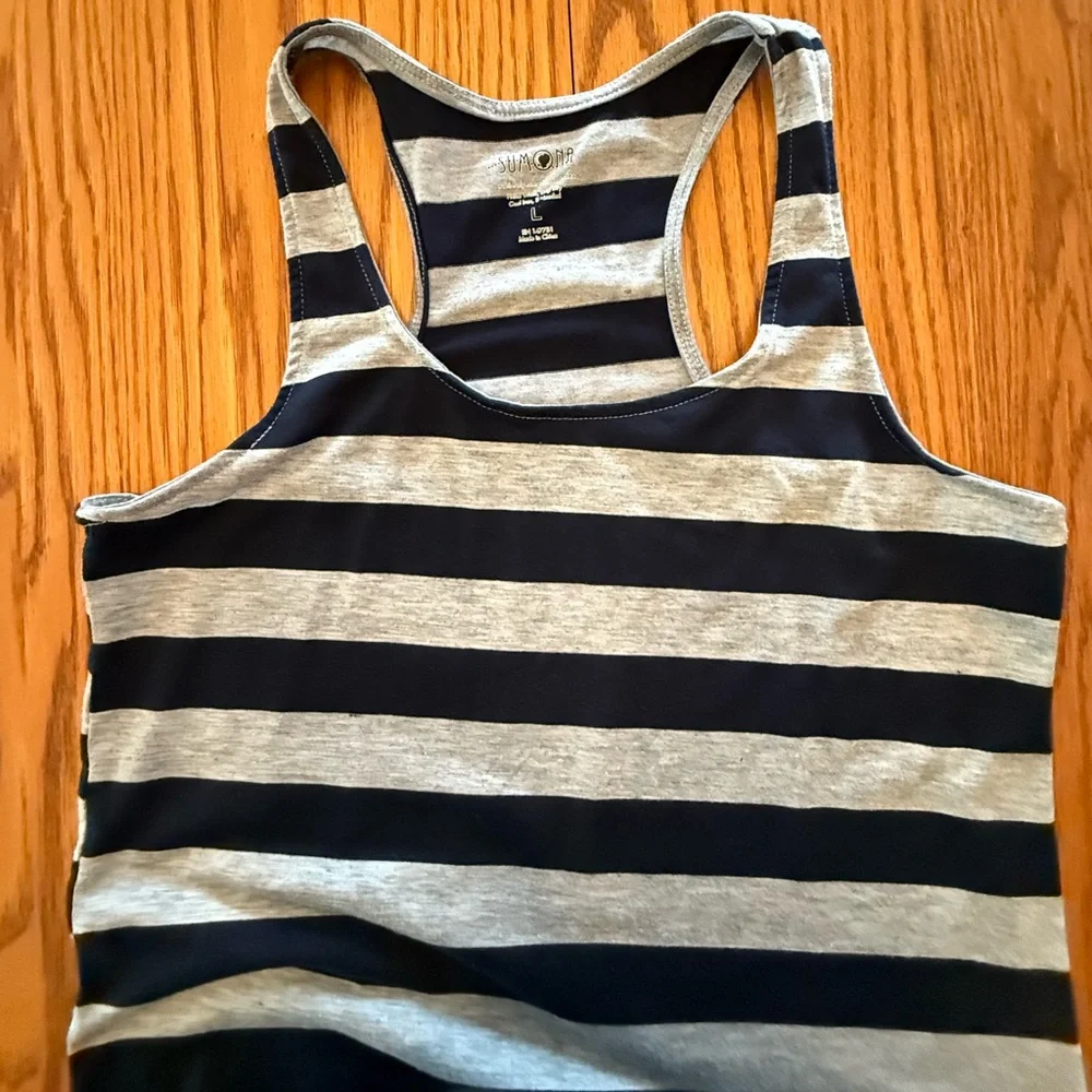 Navy Blue and Gray Striped Sleeveless Dress Ankle Length Casual Summer L - Picture 3 of 9